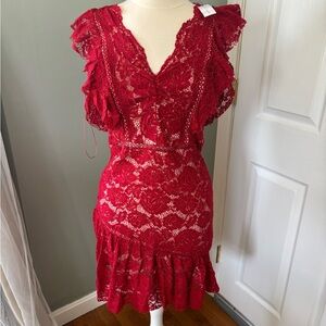 Red Lace V-Neck Ruffle Dress
